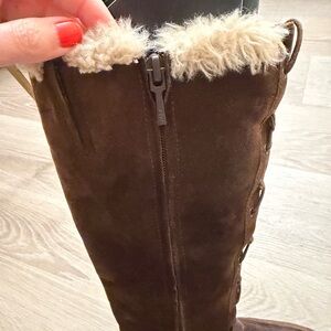 Zara Dark Brown suede Boots with Soft Cream faux fur inside